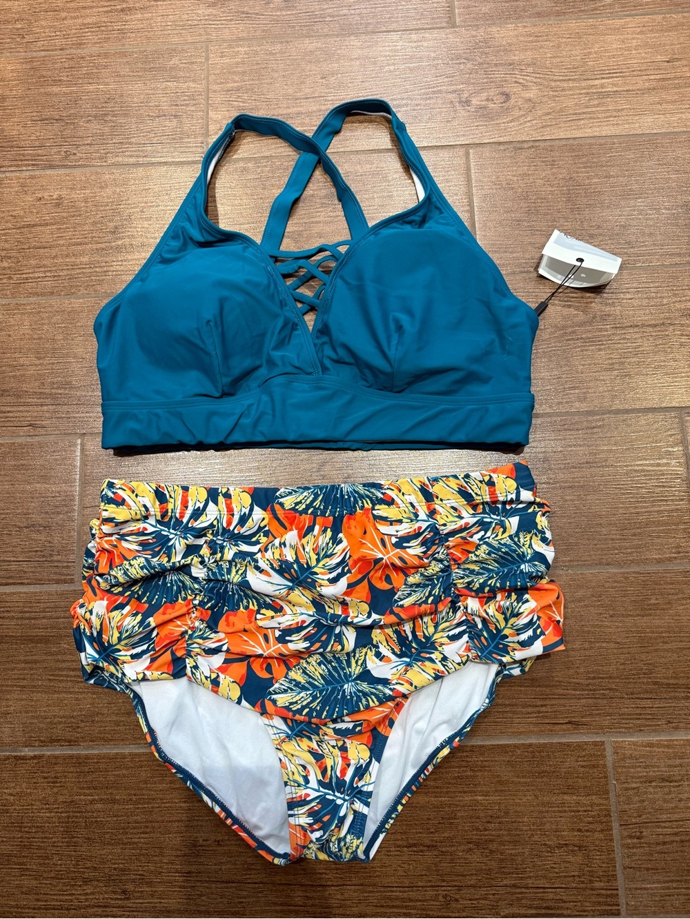 Teal Bikini Top with Tropical High-Waist Bottoms